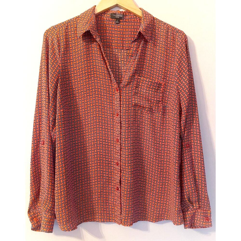 The Limited Top Blouse L Brick Red Chiffon Geometric Button Front Roll Tab Slv